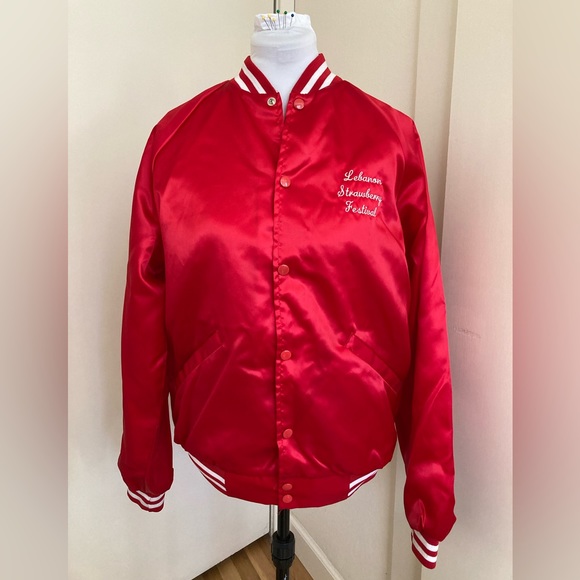 Vintage 80s Red Satin Varsity Jacket Cardinal USA - Picture 2 of 16
